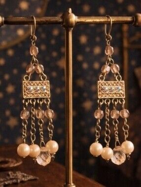 Chandelier Earrings Pink Crystal & Pearl Unique Elegant - Pre-loved